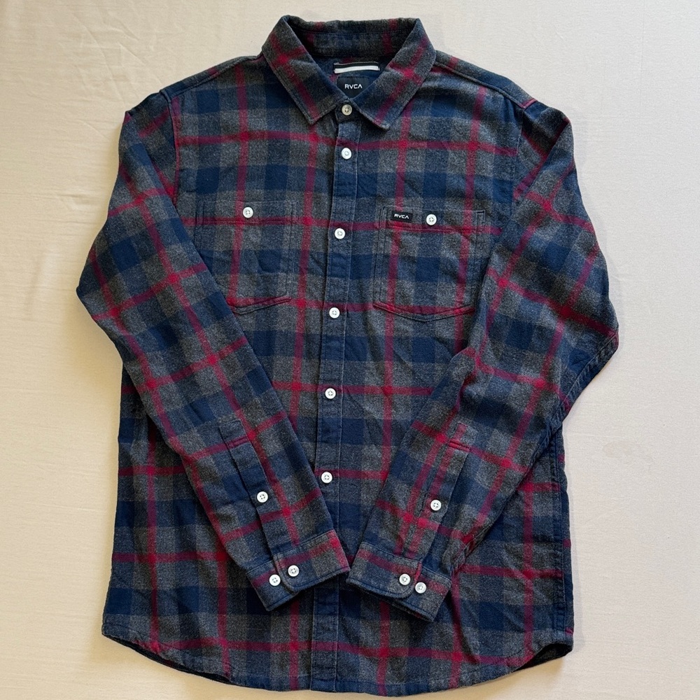RVCA Men's Casual Plaid Shirt - Navy and Burgundy